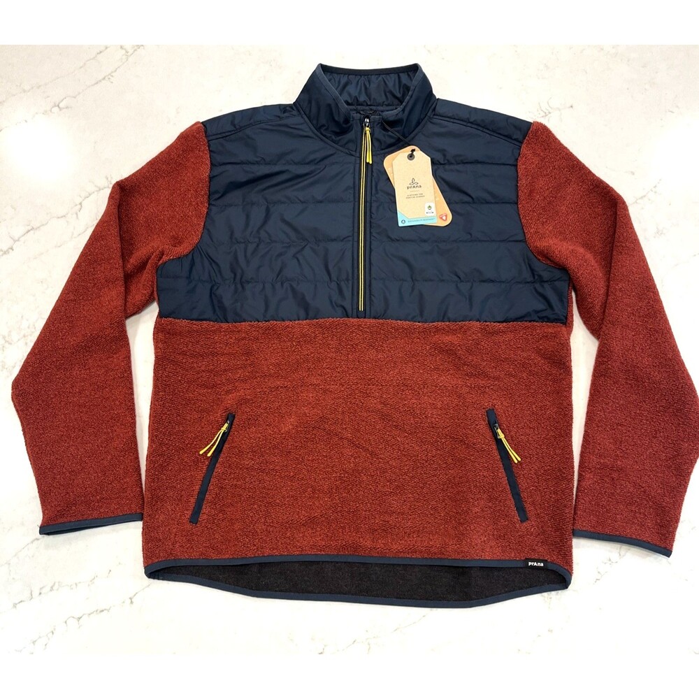 prAna NEW Mens XL Fleece 1/2 Zip Quilted Pullover Jacket Wool Blend Red Blue